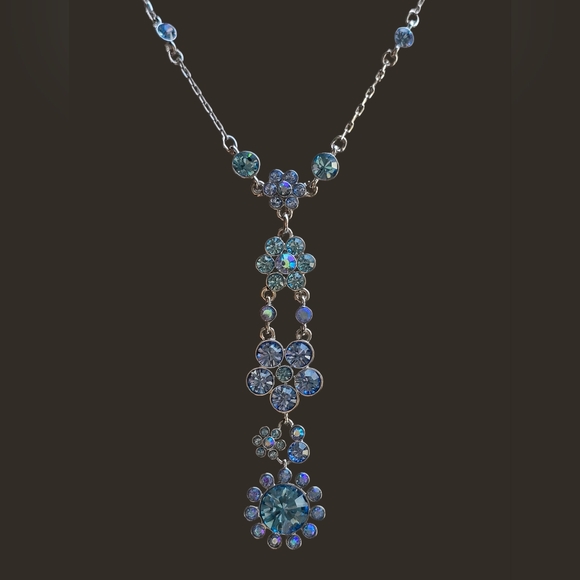 Givenchy NOS 90s Silver Tone With Blue/AB Swarovski Crystals Y Necklace - Picture 3 of 6